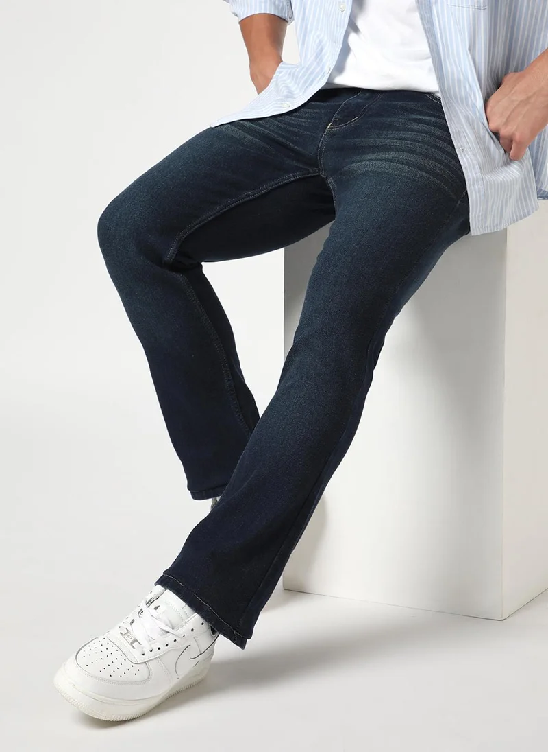 Urbano Fashion Men's Dark Blue Bootcut Fit Mid Rise Heavy Washed Jeans Stretchable